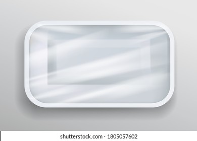 Envasar bandeja de espuma blanca envuelta en plástico realista, diseño de plantilla sobre fondo gris, ilustración vectorial Eps 10
