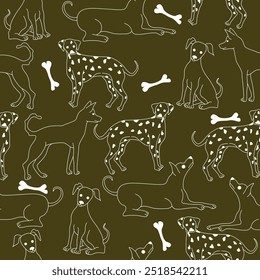 Packaging or wrapping paper design. Brown pattern with a set of line drawn dogs. Vector graphics