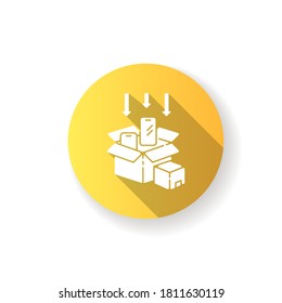 Packaging yellow flat design long shadow glyph icon. Post manufacturing, production packing process. Delivery preparation, parcel packing. Smartphones in boxes silhouette RGB color illustration