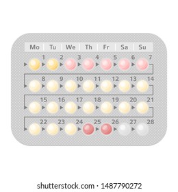 Packagings of birth control and hormonal contraceptive 28 days pills. Women planning pregnancy oral contraception. Pharmacy isolated colorful realistic vector illustration