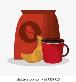 packaking of coffee and porcelain cup with croissant