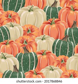 Packed autumn pumpkins background. Green, cream, orange gourds. Perfect for fall, Thanksgiving, holidays, fabric, textile. Seamless repeat swatch.