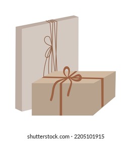 Packed boxes in kraft paper. Festive gift wrapping. Cristmas presents. Flat illustration. Boho style, Scandinavian style. Vector.