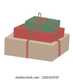 Cajas empacadas en papel kraft. Envoltura de regalo festivo. Regalos de Navidad. Ilustración plana. Estilo boho, estilo escandinavo. Vector.