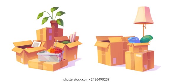 Cajas de cartón aisladas sobre fondo blanco. Ilustración vectorial de dibujos animados de paquetes de cartón con cosas para el hogar, maceta y lámpara, accesorios hechos a mano, casa en movimiento, servicio de entrega de paquetes