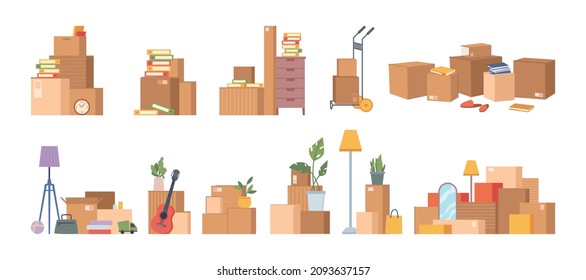 Cajas de cartón empacadas con material personal, plantas, decoración del hogar y muebles aislados de dibujos animados planos conjunto de paquetes con cosas. Reubicación de vectores o traslado a casa o oficina, pertenencias en paquetes