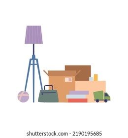 Packed cardboard boxes with personal stuff, plants, home decoration and furniture isolated flat cartoon of pack with things. Vector relocation or moving in home or office, belongings in packages