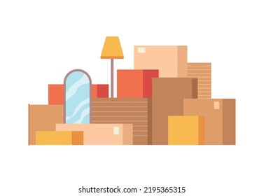 Packed cardboard boxes with personal stuff, plants, home decoration and furniture isolated flat cartoon of pack with things. Vector relocation or moving in home or office, belongings in packages