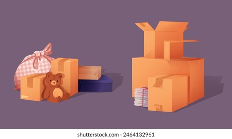 Verpackte Kartons, isoliert auf schwarzem Hintergrund. Vektorgrafik-Cartoon-Illustration von Kartonpackungen mit Heimsachen, Teddybärenspielzeug, Dinge in karierter Decke, Bücherstapel, Lieferservice