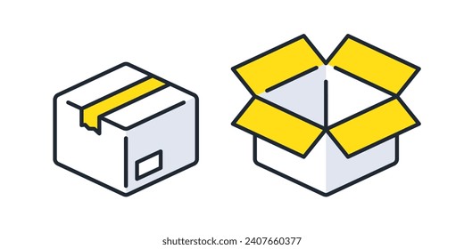 Packed cardboard and empty boxes simple vector icon illustration set material