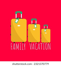 packed checked yellow three sizes suitcases. concept family vacation store vector. sweet luggage set for holiday shop. time to fly flat design. baggage collection ready to go. travel together. enjoy 