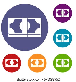Packed dollars money icons set in flat circle reb, blue and green color for web