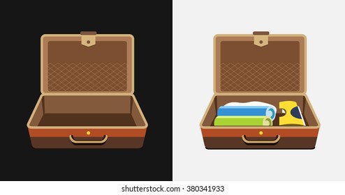 Packed and empty suitcases for summer holiday - vector isolated illustration.