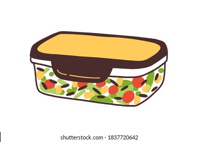 Packed Hermetic Eco Friendly Glass Container. Reusable Lunchbox With Homemade Food. Sustainable Bento Box With Salad. Flat Vector Cartoon Illustration Isolated On White Background