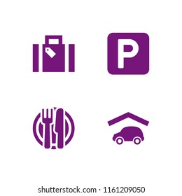 packed icon. 4 packed set with parking, lunch, car parking and holiday suitcase vector icons for web and mobile app