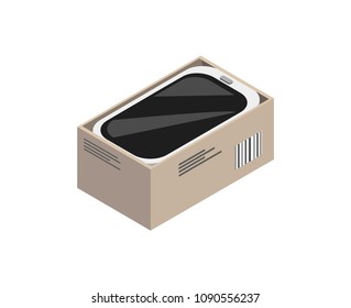 Packed into carton box device isolated on white vector illustration of round gadget, mobile phone cartoon image, electronic cellphone with bright case