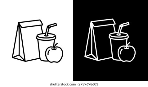 Packed Lunch Bag Icon with Apple Drink Outline Illustration