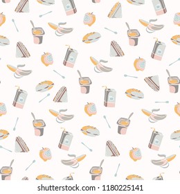 Packed Lunch Seamless Pattern, Hand Drawn Flat Color Vector Food Illustration, Yoghurt Drink, Sandwich, Banana , Apple and Spoon Backgrounds, Kitchen Decor, Nutrition Poster, Back to School Packaging