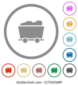 Iconos de color plano del carrito de minas empaquetados en contornos redondos sobre fondo blanco