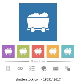 Packed mine cart flat white icons in square backgrounds. 6 bonus icons included.