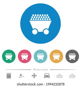 Packed mine cart flat white icons on round color backgrounds. 6 bonus icons included.