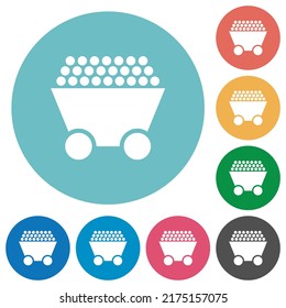 Packed mine cart flat white icons on round color backgrounds