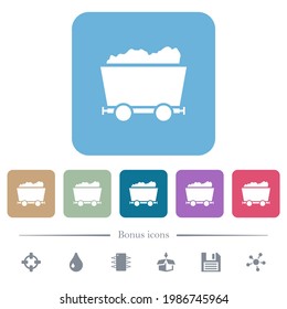 Packed mine cart white flat icons on color rounded square backgrounds. 6 bonus icons included