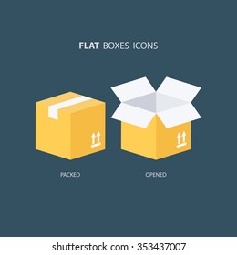 Packed and opened carton boxes icons. Vector illustration.