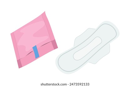 Almohadilla menstrual empaquetada y abierta para días críticos mensuales Ilustración vectorial aislada