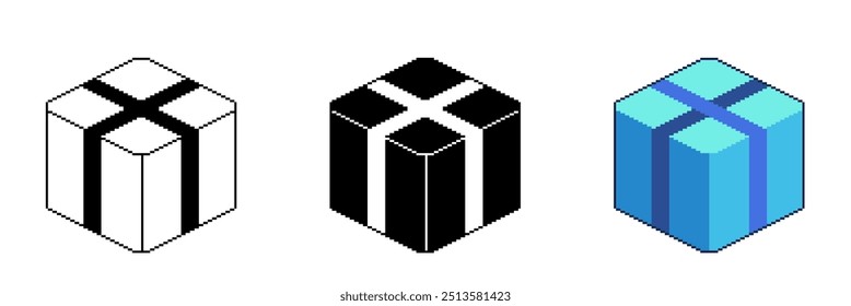 Packed Parcel in Blue Color, Pixel Art Icon Set with Outlined and Fill Variants