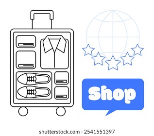 Packed suitcase with neatly folded shirt, shoes, and clothes. Globe with five stars and shop speech bubble. Ideal for travel, shopping, organization, quality, international. Clean, minimal, modern