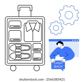 Packed suitcase neatly organized with clothing and shoes next to a man holding a cashback sign and computer gears. Ideal for travel, organization, e-commerce, cashback promotions, minimalist design