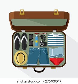 Packed suitcase for summer holiday - vector illustration