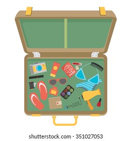 Packed suitcase for summer holiday - vector illustration