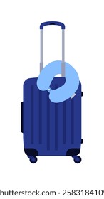 Packed suitcase and travel pillow. Blue modern suitcase with long trip accessory. Simplicity vector illustration, isolated on white background.