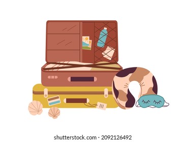 Packed suitcases with summer stuff. Open travel luggage with beach accessories and clothes. Holiday baggage, neck pillow for summertime journey. Flat vector illustration isolated on white background
