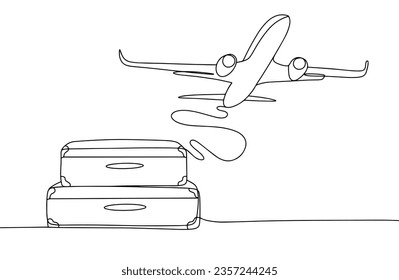 Packed suitcases for travel. Airplane. World Tourism Day. One line drawing for different uses. Vector illustration.