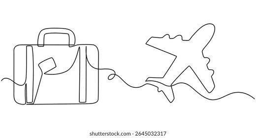 Packed suitcases for travel. Airplane. World Tourism Day. One line drawing for different uses. Vector illustration, Suitcase and airplane in one continuous line drawing. Vacation with luggage.