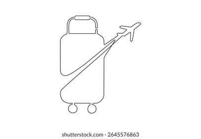 Packed suitcases for travel. Airplane. World Tourism Day. One line drawing for different uses. Vector illustration, one continuous line drawing. Traveling. Vector illustration