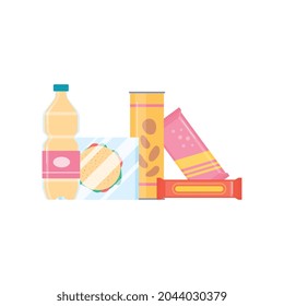 Packed supermarket food and drinks stack, flat vector illustration isolated on white background. Packagings of snacks, bars and beverages for retail sales.