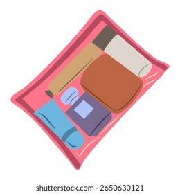 Packed toiletry bag containing essential travel items such as lotion, soap, and fragrance for an organized trip preparation, useful for vacation planning.