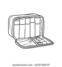 Packed toiletry bag containing essential travel items such as lotion, soap, and fragrance for an organized trip preparation, useful for vacation planning.