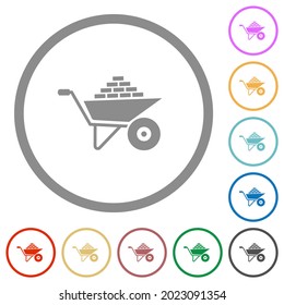 Packed wheelbarrow flat color icons in round outlines on white background
