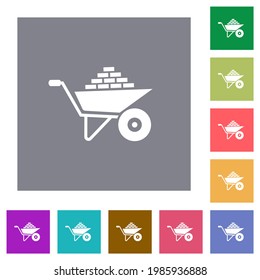 Packed wheelbarrow flat icons on simple color square backgrounds