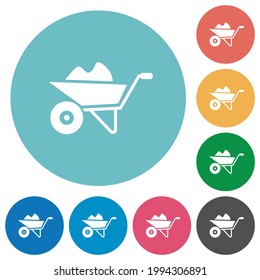 Packed wheelbarrow flat white icons on round color backgrounds