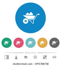 Packed wheelbarrow flat white icons on round color backgrounds. 6 bonus icons included.