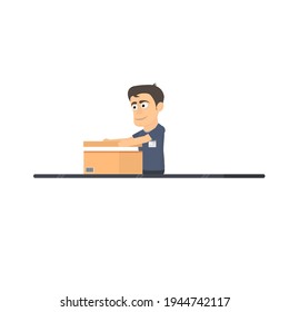 Packer. Product packaging on a conveyor belt, vector illustration