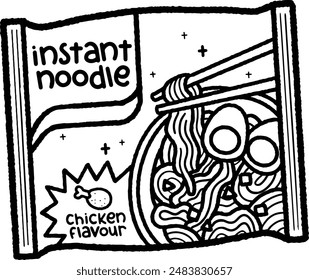  packet of chicken flavored instant noodles in black and white coloring