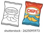 A Packet of Chips Line Art Vector Outline Illustration Black and White with Coloring Sample. Bold and Easy Food, Fruits, Sweets, Drinks, Dessert, and Snacks Coloring Pages for Adults and Kids