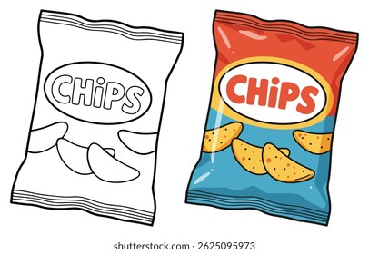 A Packet of Chips Line Art Vector Outline Illustration Black and White with Coloring Sample. Bold and Easy Food, Fruits, Sweets, Drinks, Dessert, and Snacks Coloring Pages for Adults and Kids